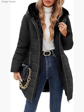 Women's Slim Fit Long Down Hooded Jacket Windproof Fleece Warm Coat